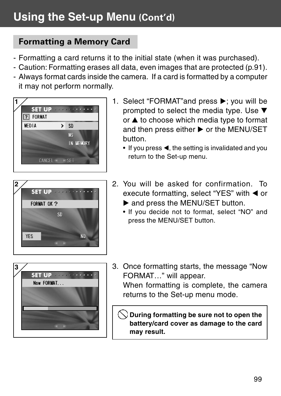 Formatting a memory card, Using the set-up menu, Cont’d) | Konica Minolta KD-510Z User Manual | Page 99 / 131