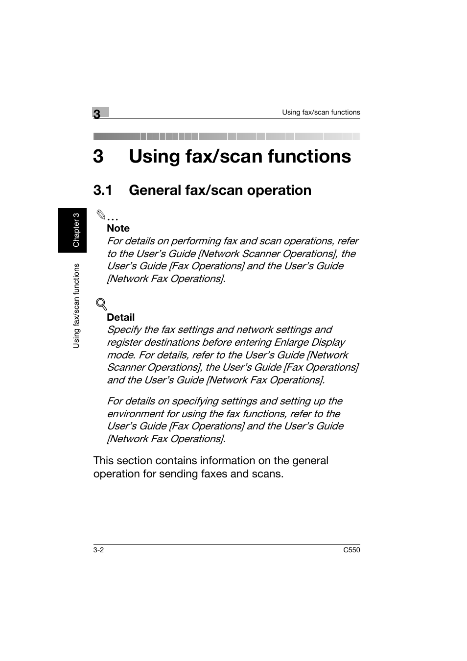 3 using fax/scan functions, 1 general fax/scan operation, 1 general fax/scan operation -2 | 3using fax/scan functions | Konica Minolta C550 User Manual | Page 103 / 164