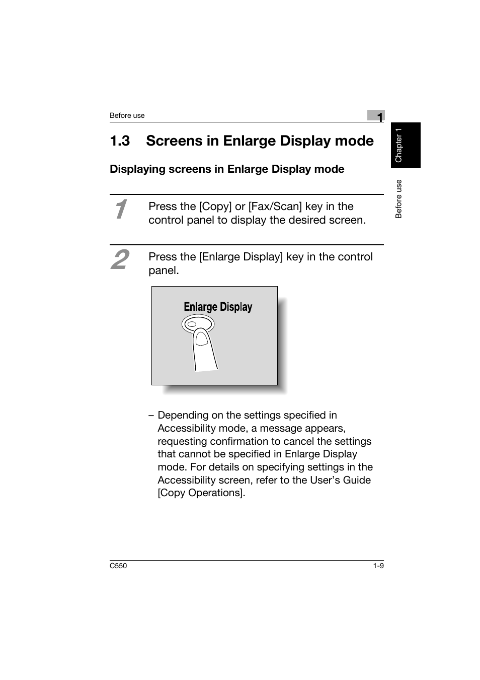 3 screens in enlarge display mode, Displaying screens in enlarge display mode, 3 screens in enlarge display mode -9 | Displaying screens in enlarge display mode -9 | Konica Minolta C550 User Manual | Page 18 / 164