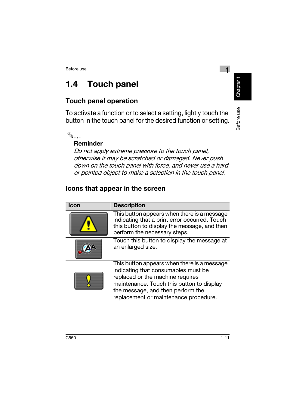 4 touch panel, Touch panel operation, Icons that appear in the screen | 4 touch panel -11 | Konica Minolta C550 User Manual | Page 20 / 164