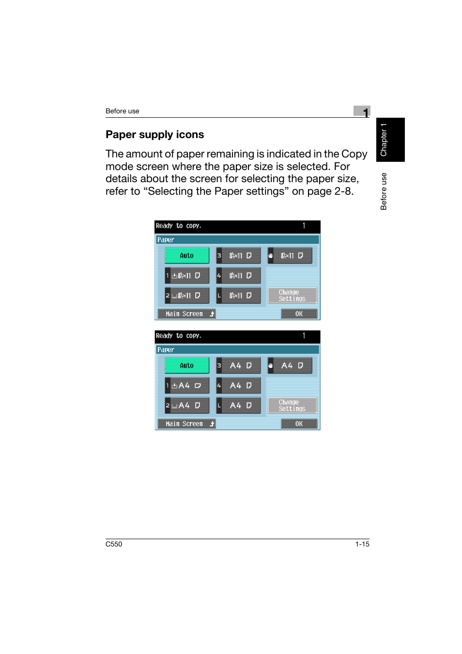 Paper supply icons, Paper supply icons -15 | Konica Minolta C550 User Manual | Page 24 / 164