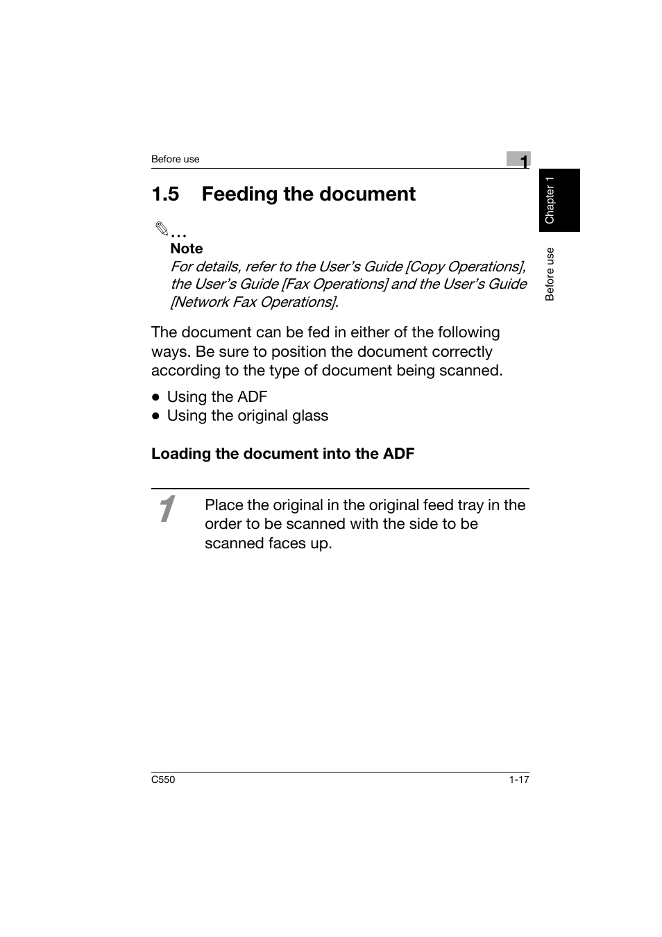 5 feeding the document, Loading the document into the adf, 5 feeding the document -17 | Loading the document into the adf -17 | Konica Minolta C550 User Manual | Page 26 / 164