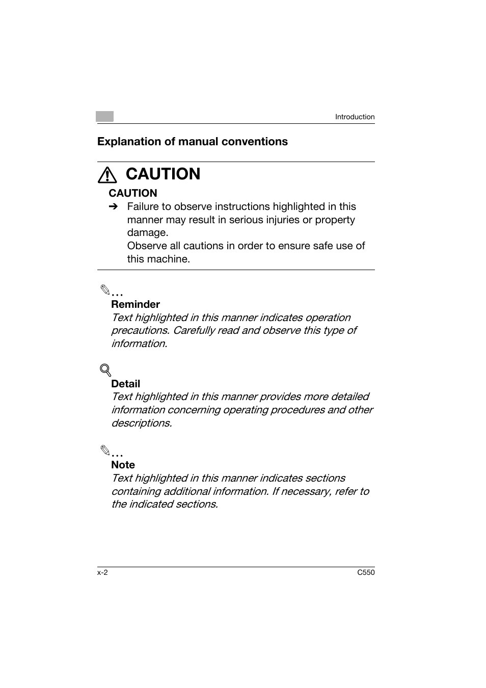 7 caution | Konica Minolta C550 User Manual | Page 3 / 164