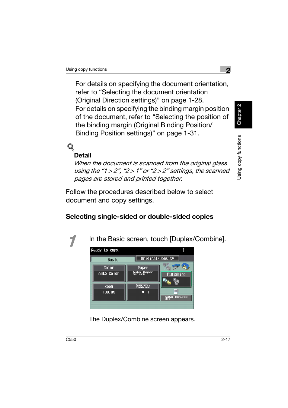 Selecting single-sided or double-sided copies, Selecting single-sided or double-sided copies -17 | Konica Minolta C550 User Manual | Page 60 / 164