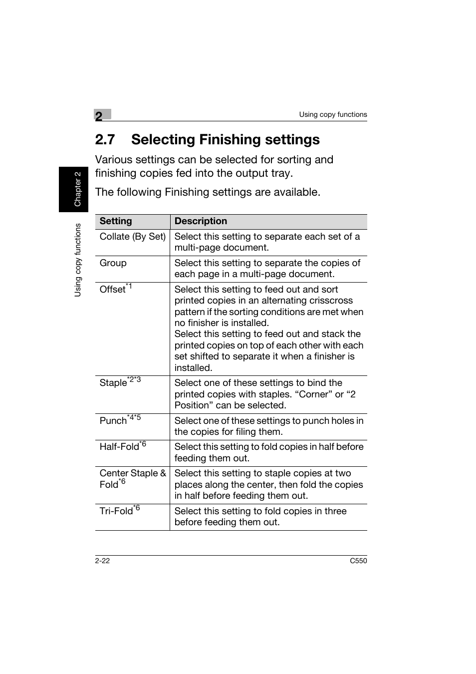 7 selecting finishing settings, 7 selecting finishing settings -22 | Konica Minolta C550 User Manual | Page 65 / 164