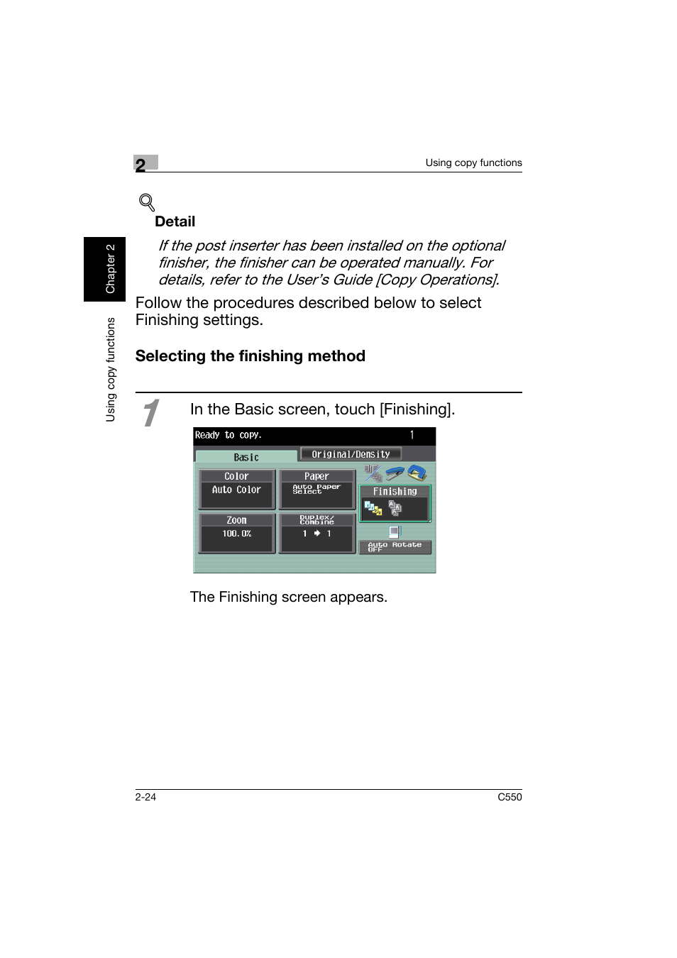 Selecting the finishing method, Selecting the finishing method -24 | Konica Minolta C550 User Manual | Page 67 / 164