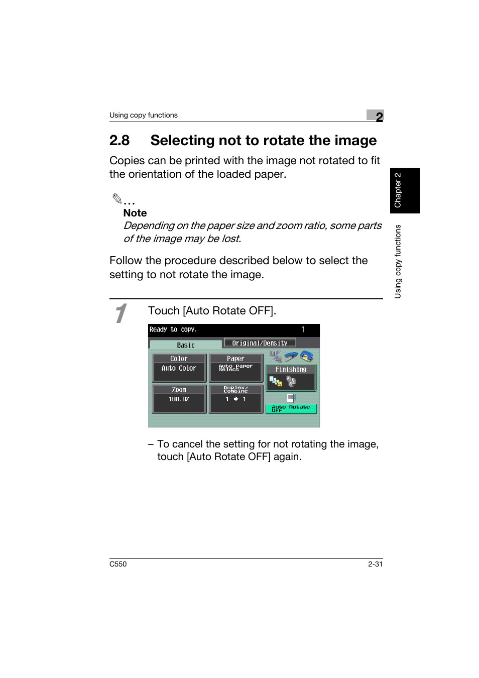 8 selecting not to rotate the image, 8 selecting not to rotate the image -31 | Konica Minolta C550 User Manual | Page 74 / 164