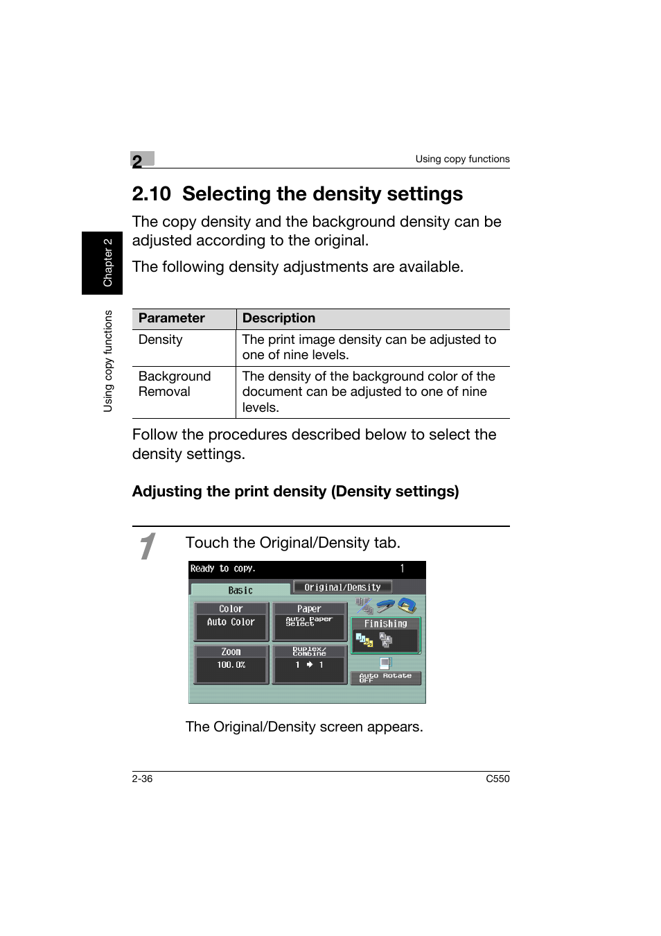 10 selecting the density settings, Adjusting the print density (density settings), 10selecting the density settings -36 | Adjusting the print density (density settings) -36 | Konica Minolta C550 User Manual | Page 79 / 164