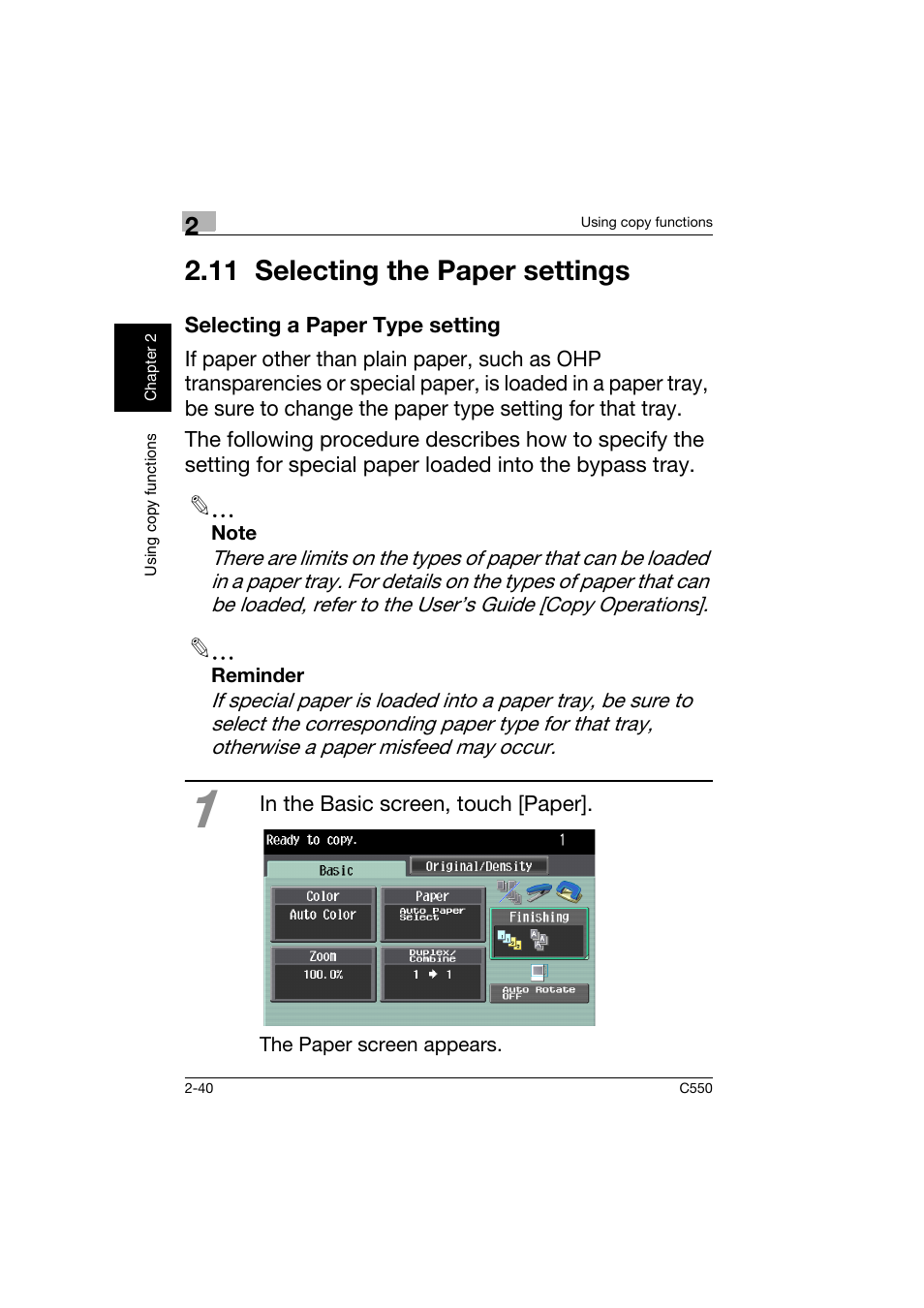 11 selecting the paper settings, Selecting a paper type setting, 11selecting the paper settings -40 | Selecting a paper type setting -40 | Konica Minolta C550 User Manual | Page 83 / 164