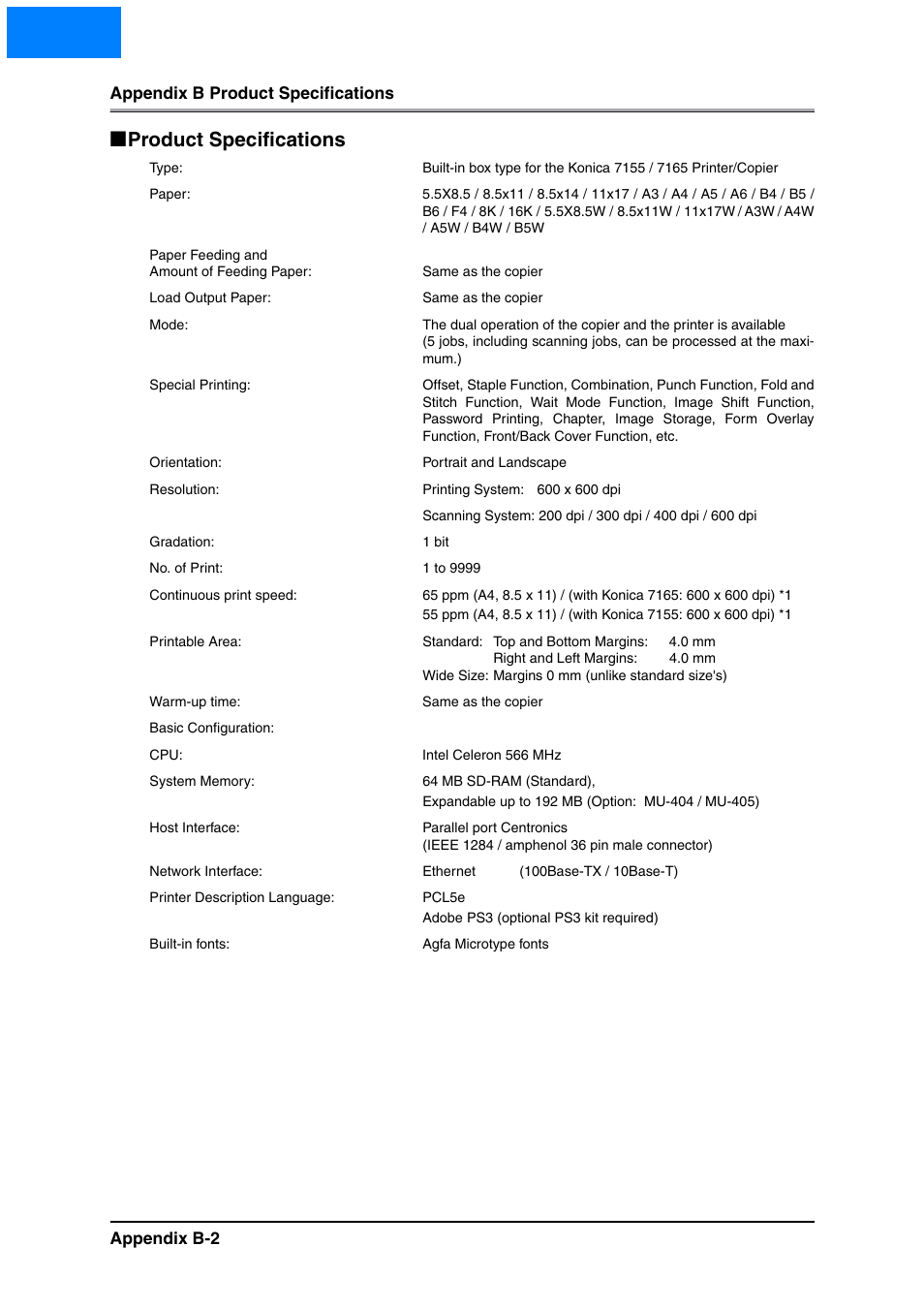 Product specifications, Home | Konica Minolta IP-511 User Manual | Page 115 / 122