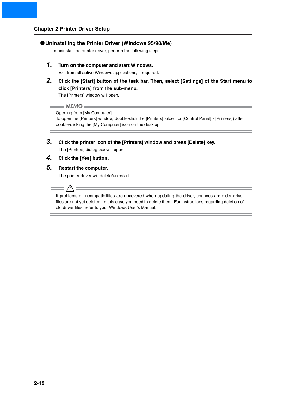 Uninstalling the printer driver (windows 95/98/me), Home | Konica Minolta IP-511 User Manual | Page 30 / 122