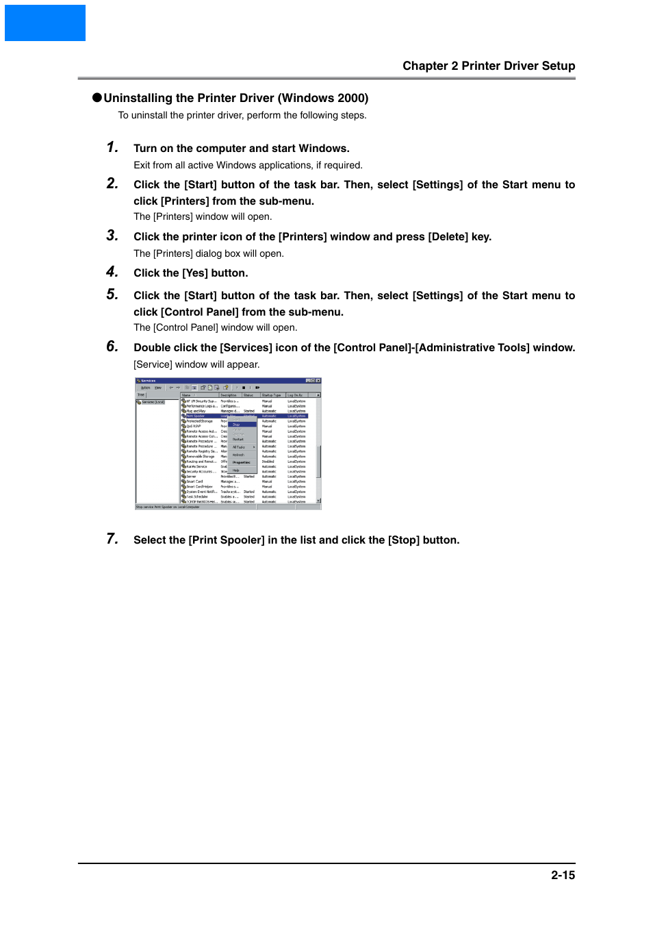 Uninstalling the printer driver (windows 2000), Uninstalling the printer driver (windows 2000) -15, Home | Konica Minolta IP-511 User Manual | Page 33 / 122