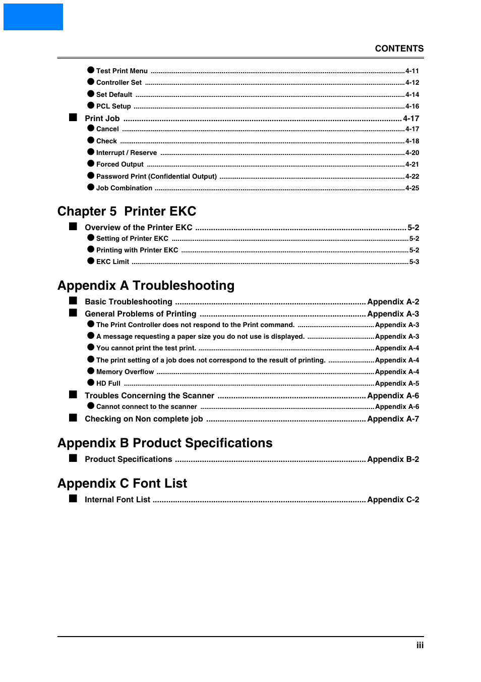 Chapter 5 printer ekc, Appendix a troubleshooting, Appendix b product specifications | Appendix c font list, Home | Konica Minolta IP-511 User Manual | Page 5 / 122