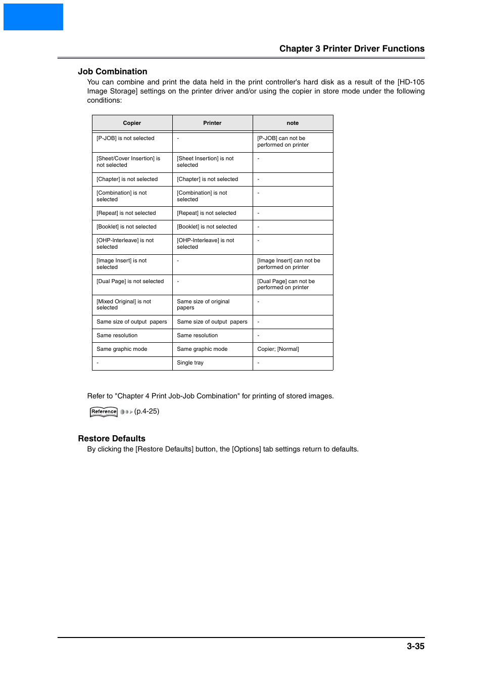 Home, Chapter 3 printer driver functions 3-35, Job combination | Restore defaults | Konica Minolta IP-511 User Manual | Page 71 / 122