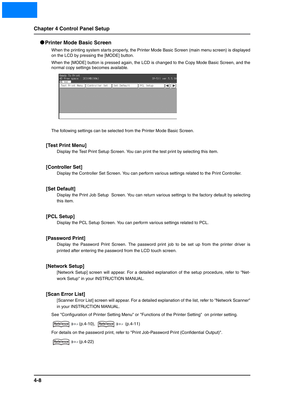 Printer mode basic screen, Printer mode basic screen -8, Home | Konica Minolta IP-511 User Manual | Page 86 / 122