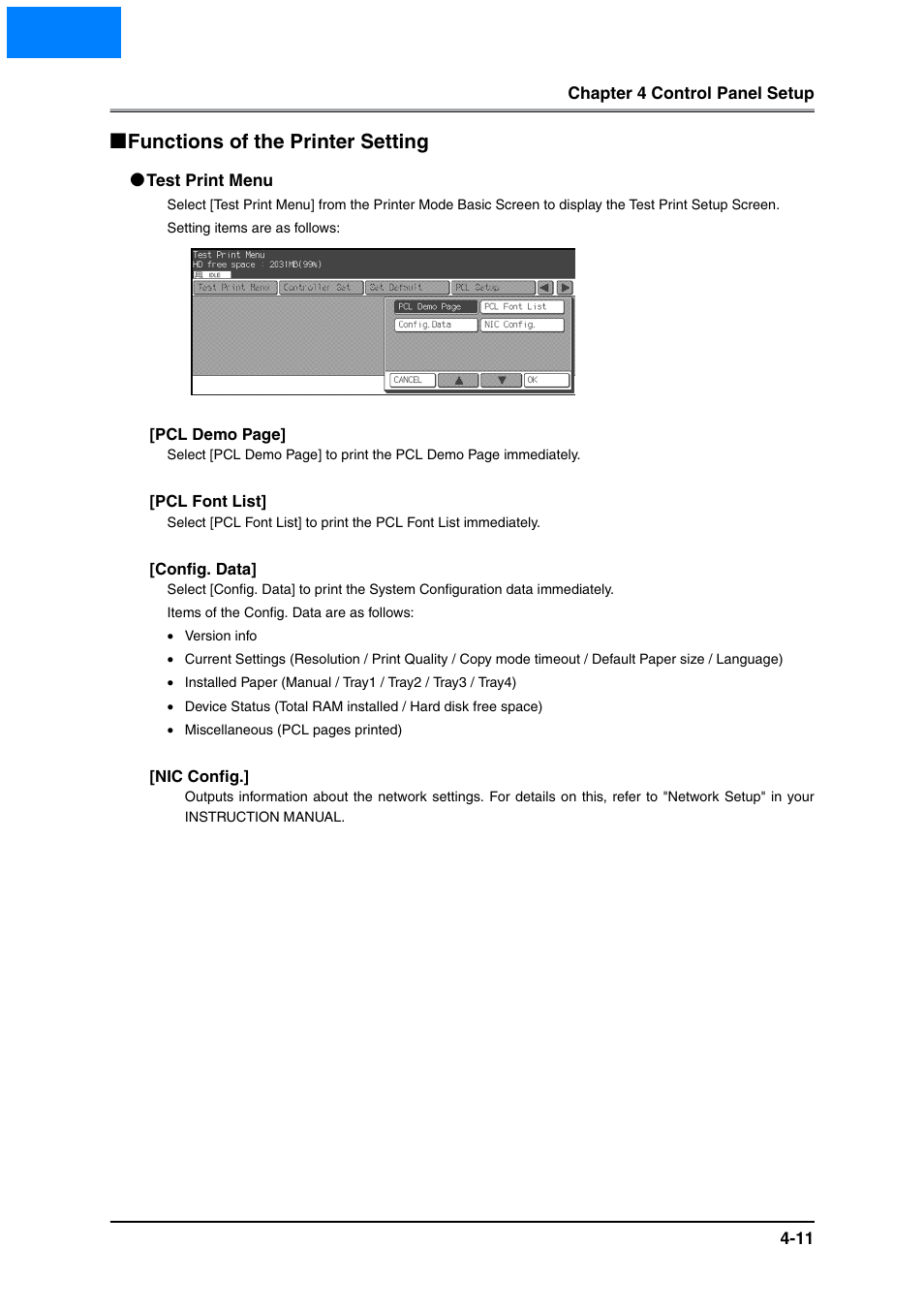 Functions of the printer setting, Test print menu, Functions of the printer setting -11 | Test print menu -11, Home | Konica Minolta IP-511 User Manual | Page 89 / 122