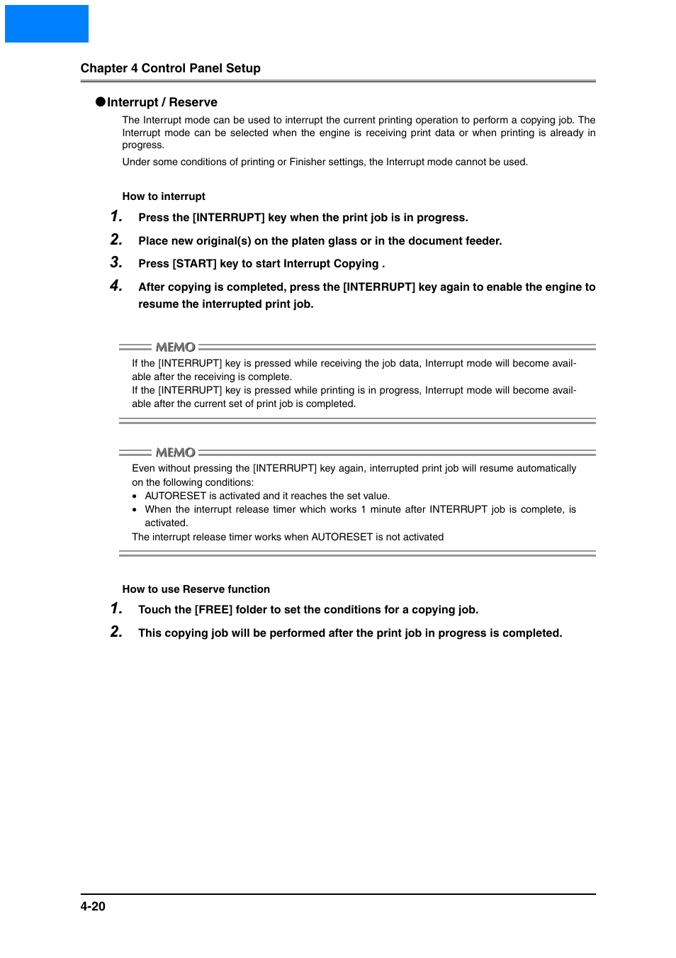 Interrupt / reserve, Interrupt / reserve -20, Home | Konica Minolta IP-511 User Manual | Page 98 / 122