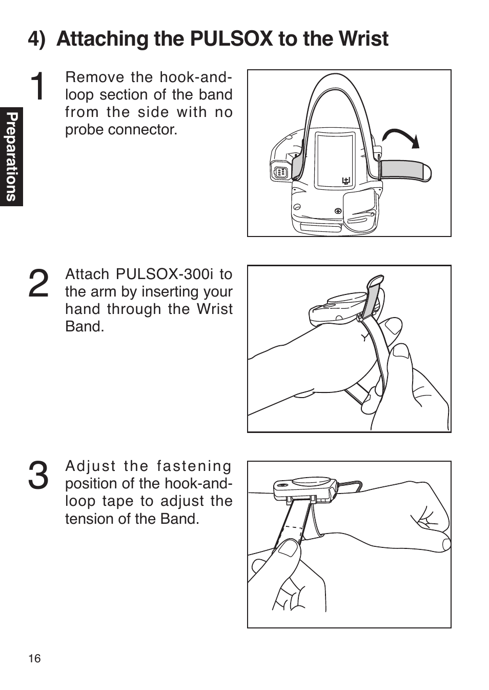 4) attaching the pulsox to the wrist | Konica Minolta Oxygen Saturation Monitor PULSOX-300i User Manual | Page 18 / 40
