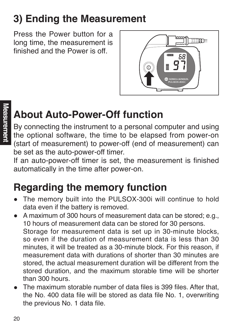 3) ending the measurement, About auto-power-off function, Regarding the memory function | Konica Minolta Oxygen Saturation Monitor PULSOX-300i User Manual | Page 22 / 40