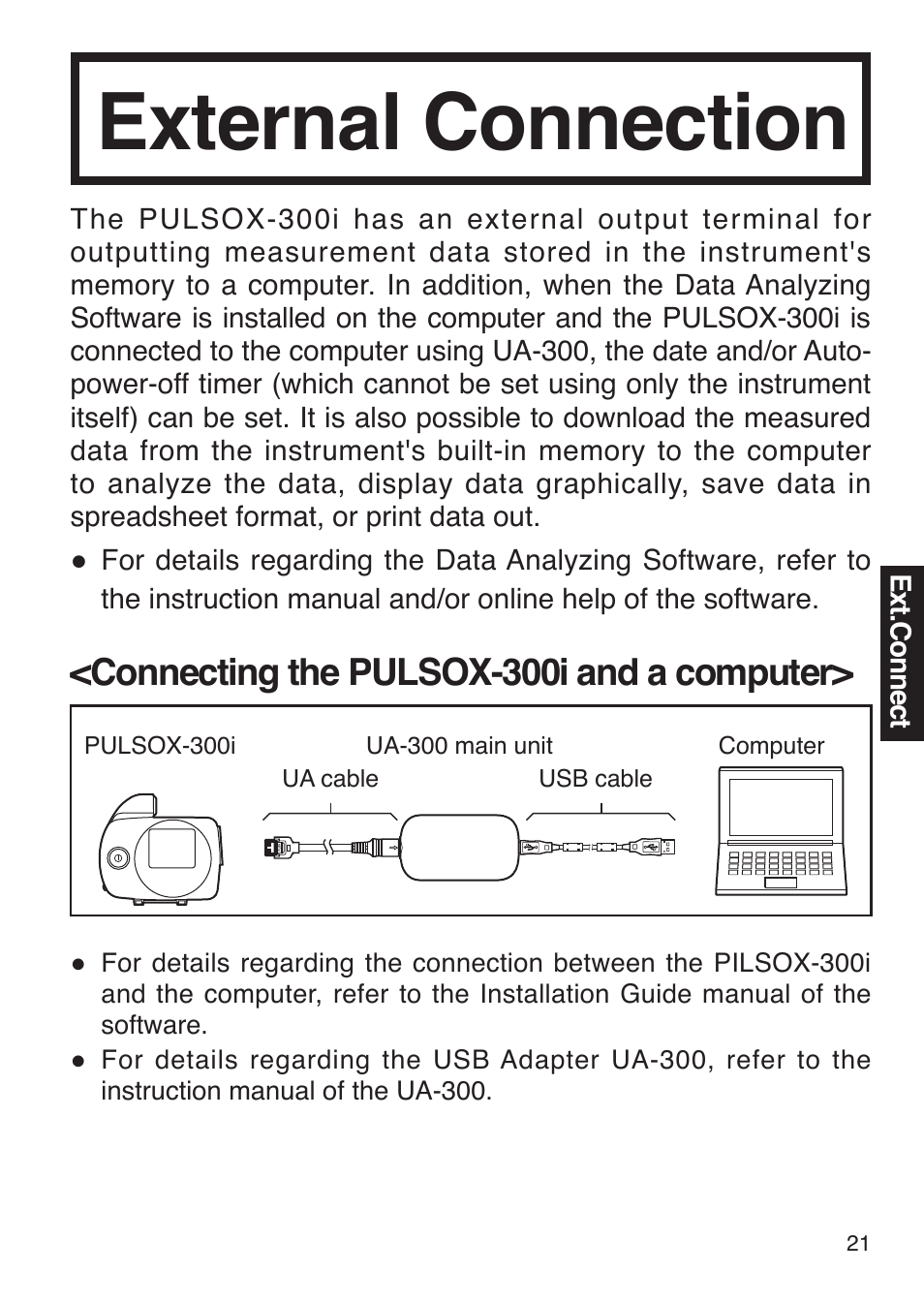 External connection, Connecting the pulsox-300i and a computer | Konica Minolta Oxygen Saturation Monitor PULSOX-300i User Manual | Page 23 / 40