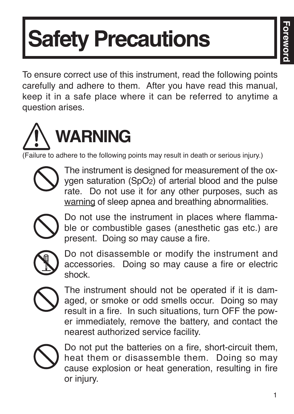 Safety precautions, Warning | Konica Minolta Oxygen Saturation Monitor PULSOX-300i User Manual | Page 3 / 40