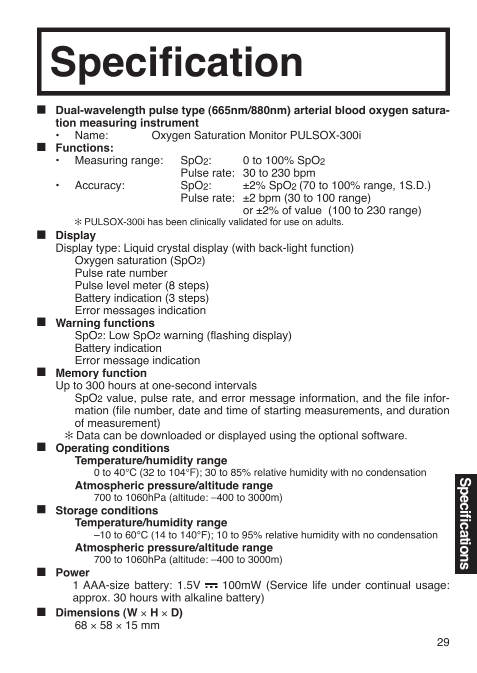 Specification, Specifications | Konica Minolta Oxygen Saturation Monitor PULSOX-300i User Manual | Page 31 / 40