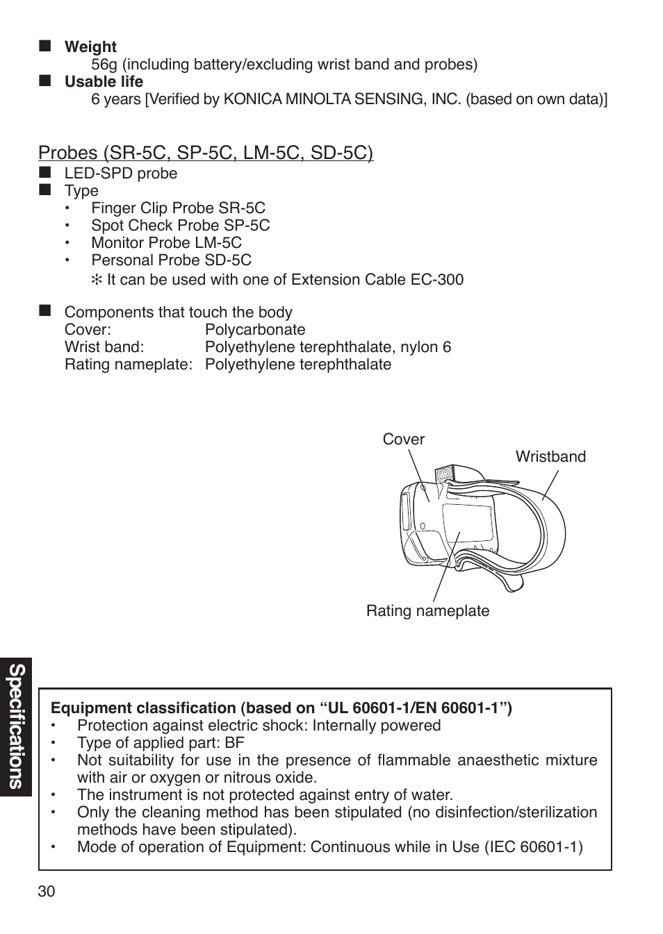 Specifications, Probes (sr-5c, sp-5c, lm-5c, sd-5c) | Konica Minolta Oxygen Saturation Monitor PULSOX-300i User Manual | Page 32 / 40