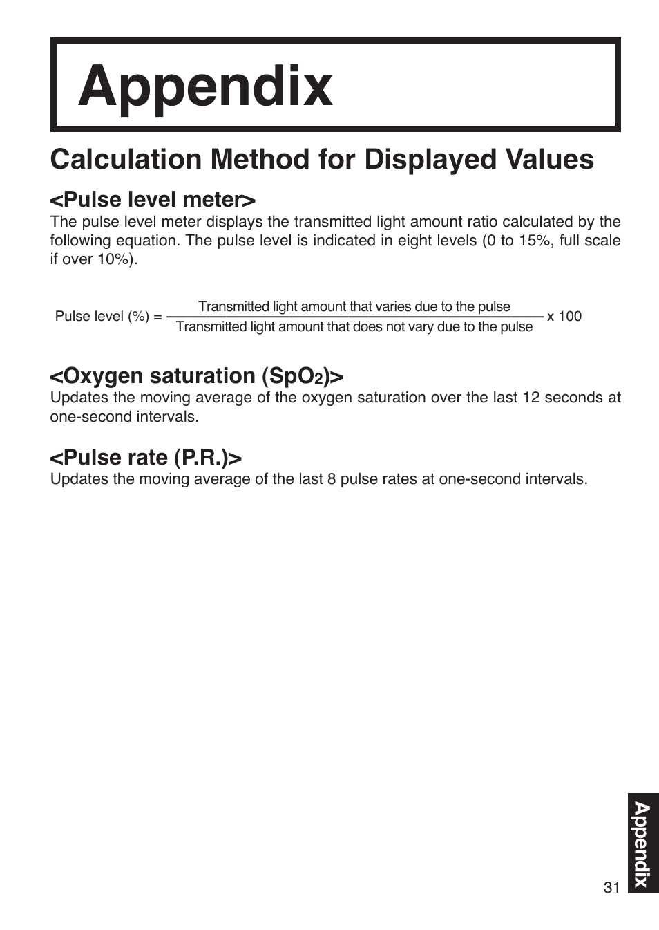 Appendix, Calculation method for displayed values | Konica Minolta Oxygen Saturation Monitor PULSOX-300i User Manual | Page 33 / 40