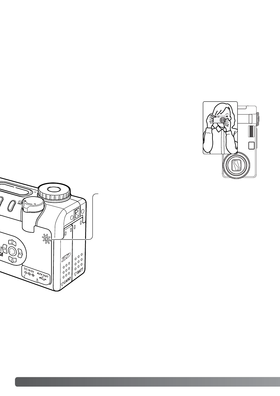 Auto-recording mode - basic operation, Handling the camera power / access lamp, Auto-recording mode – basic operation | Power / access lamp, Handling the camera | Konica Minolta DiMAGE F200 User Manual | Page 22 / 132