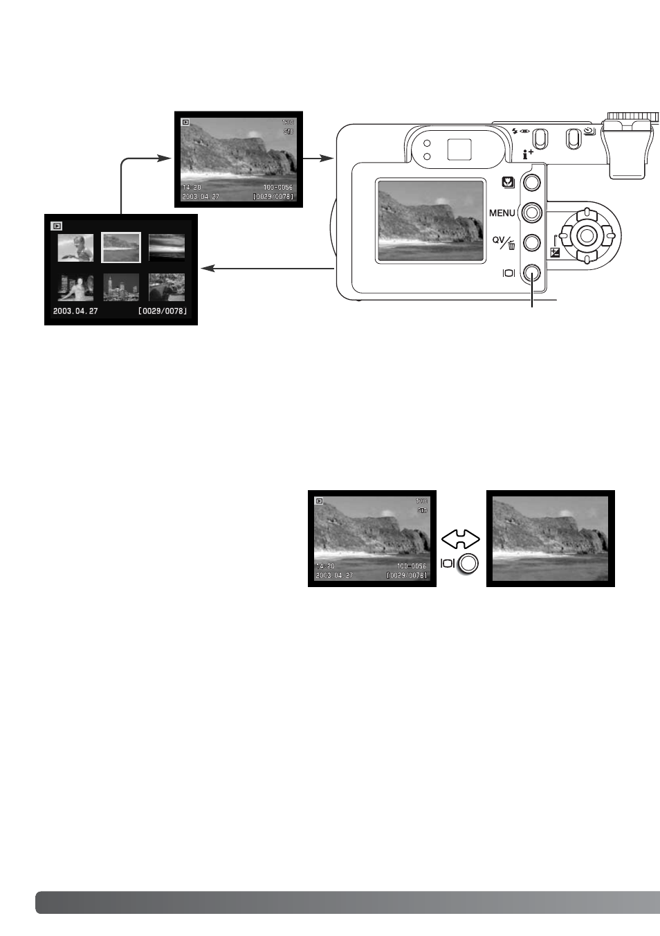 Display button - playback mode, Display button - quick view | Konica Minolta DiMAGE F200 User Manual | Page 36 / 132