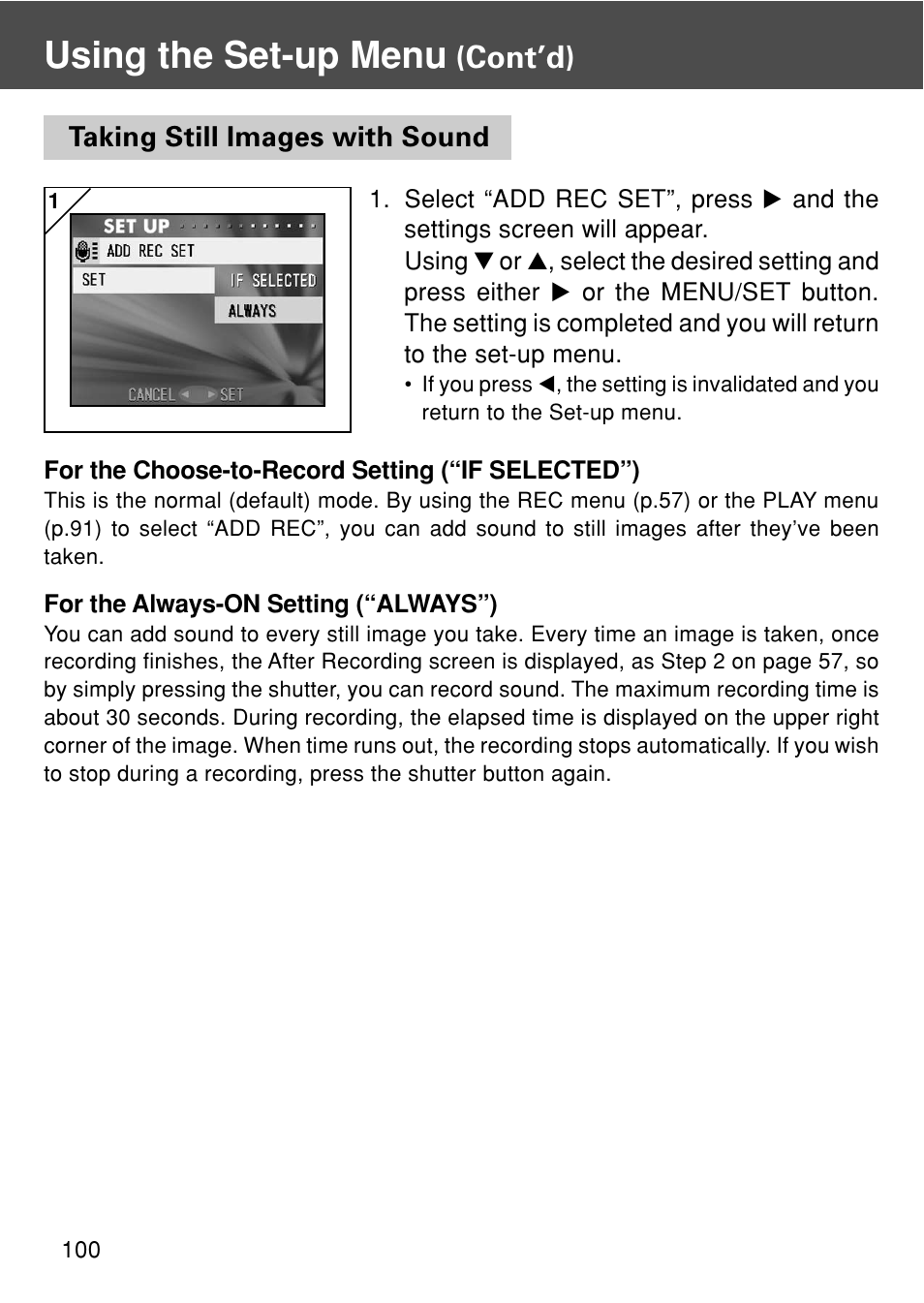 Taking still images with sound, Using the set-up menu, Cont’d) | Konica Minolta KD-410Z User Manual | Page 100 / 125