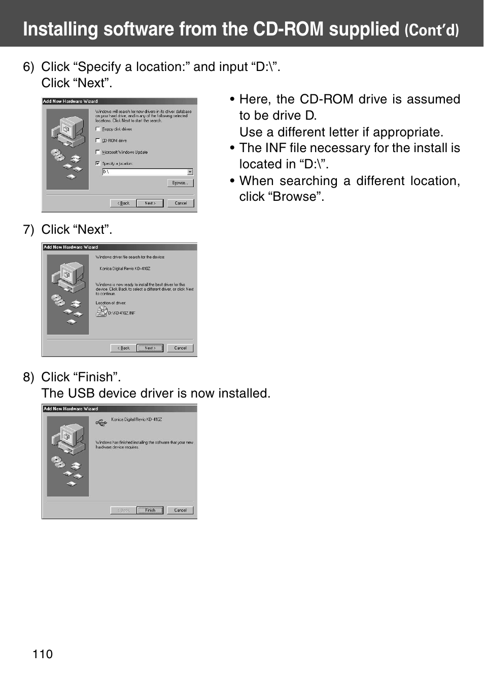 Installing software from the cd-rom supplied, Cont’d) | Konica Minolta KD-410Z User Manual | Page 110 / 125