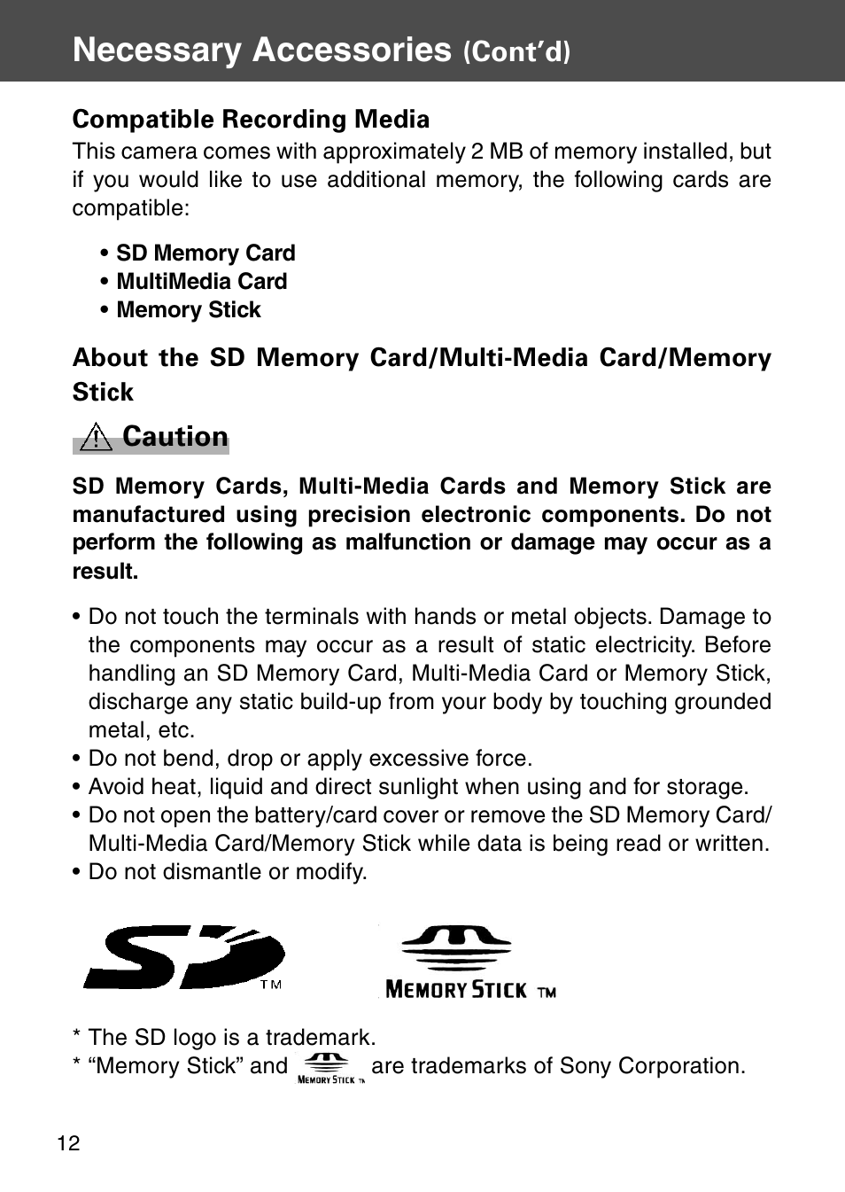 Necessary accessories, Cont’d), Caution | Konica Minolta KD-410Z User Manual | Page 12 / 125