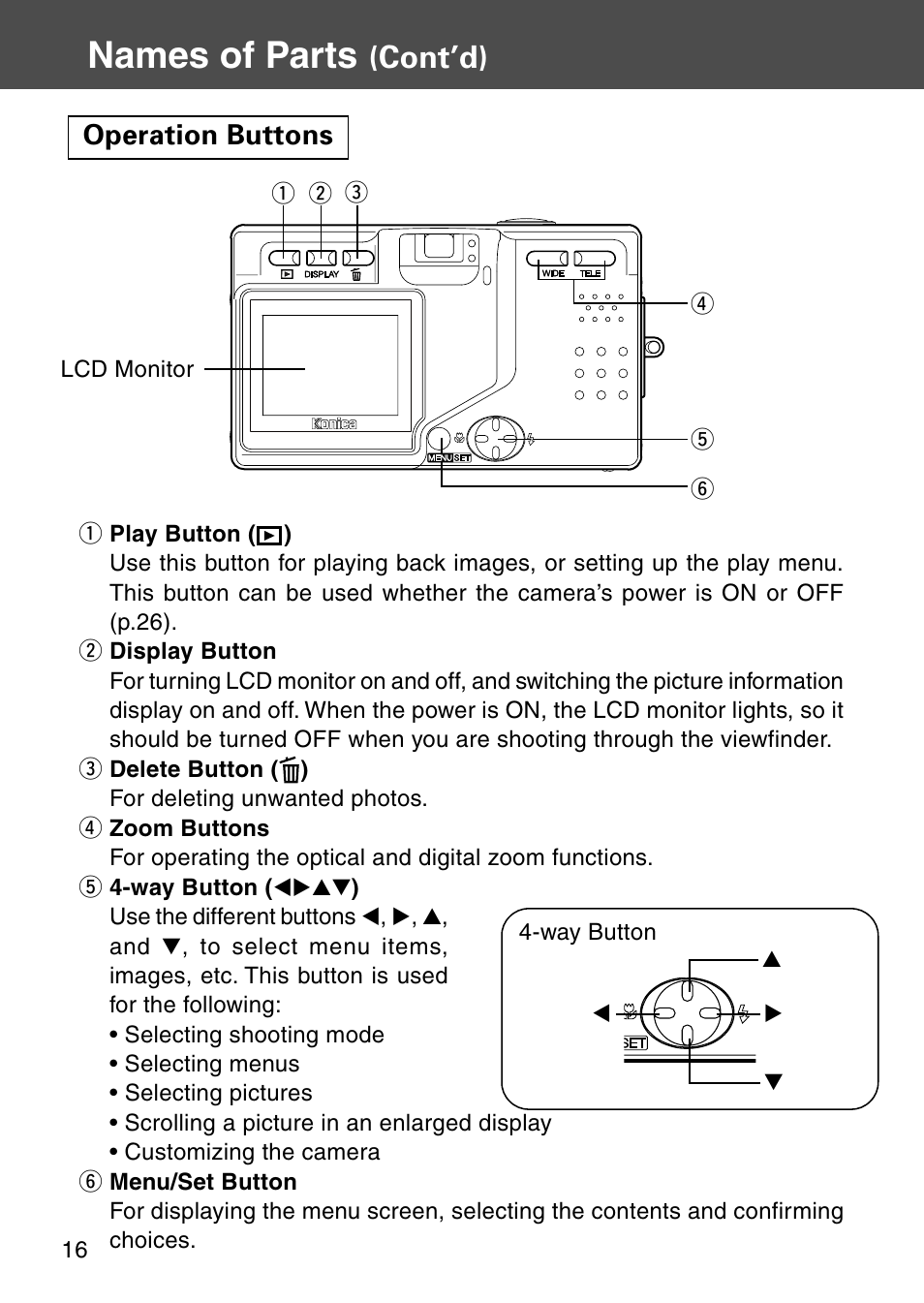 Operation buttons, Names of parts, Cont’d) | Konica Minolta KD-410Z User Manual | Page 16 / 125