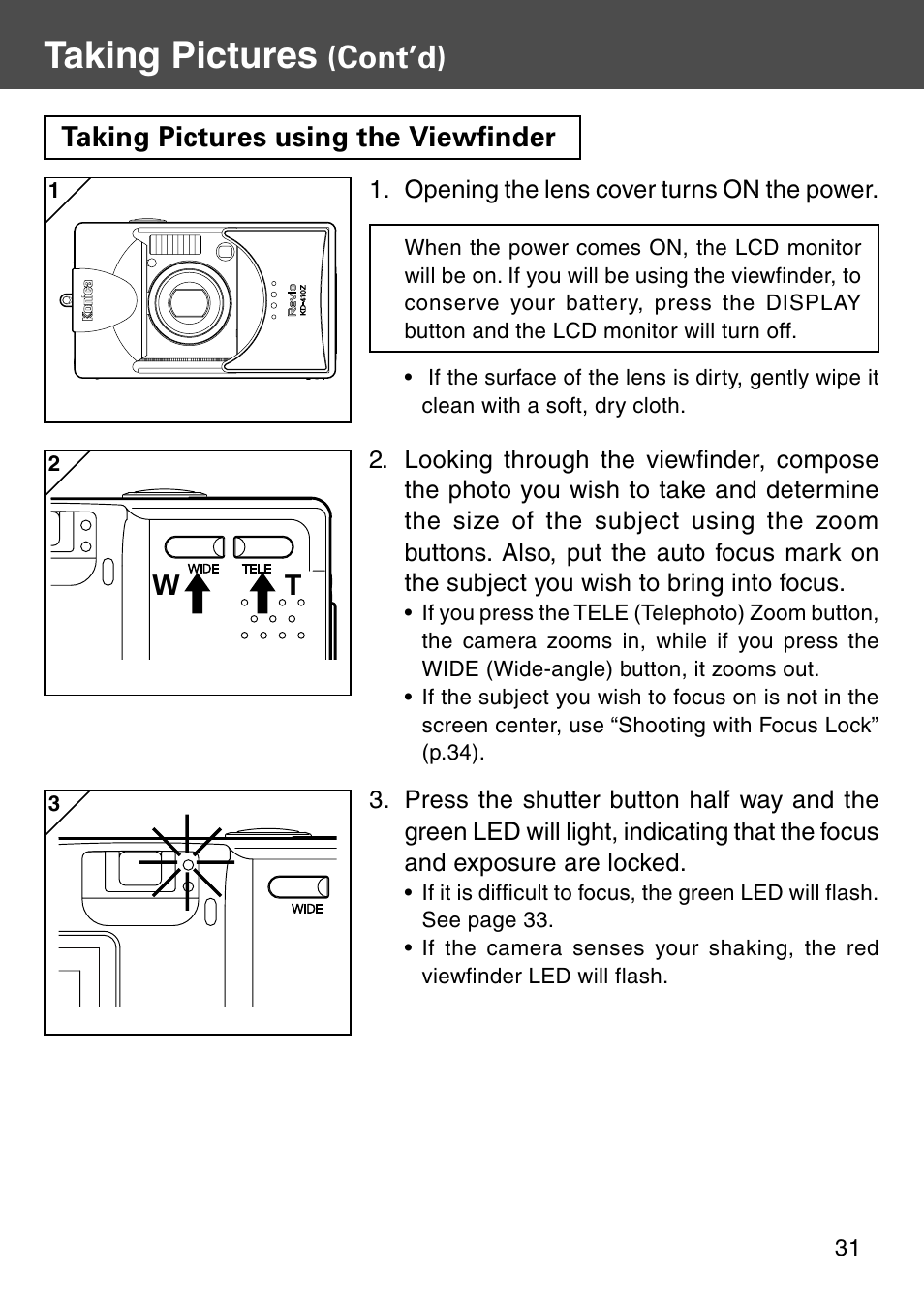 Taking pictures using the viewfinder, Taking pictures, Cont’d) | Konica Minolta KD-410Z User Manual | Page 31 / 125