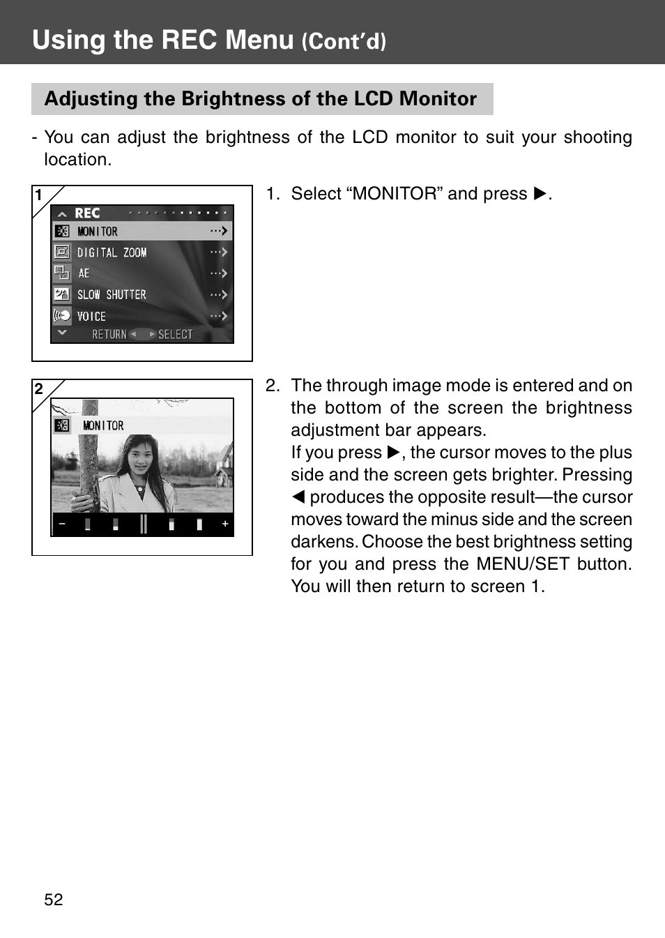 Adjusting the brightness of the lcd monitor, Using the rec menu, Cont’d) | Konica Minolta KD-410Z User Manual | Page 52 / 125