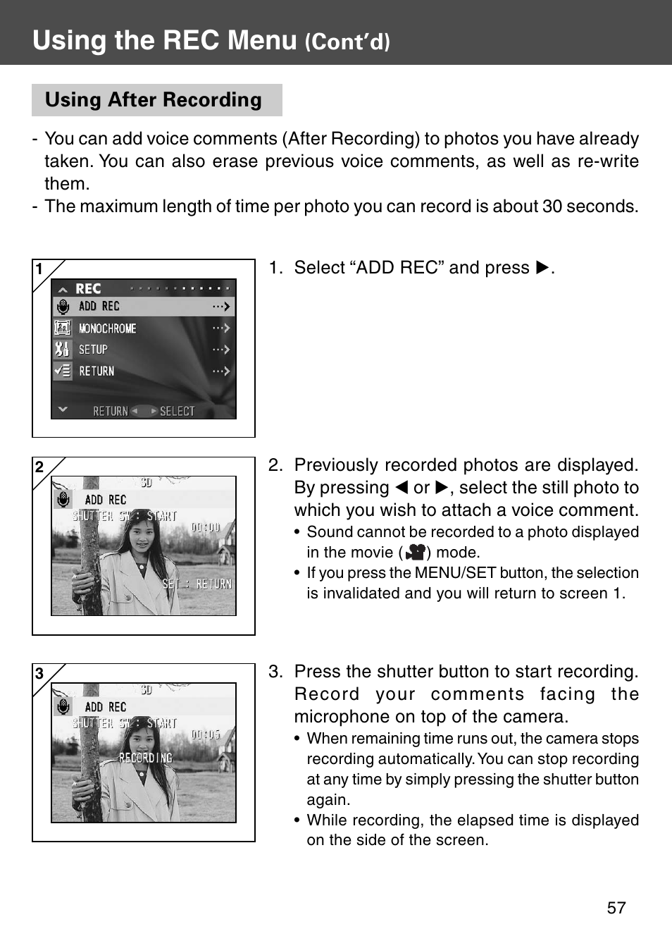 Using after recording, Using the rec menu, Cont’d) | Konica Minolta KD-410Z User Manual | Page 57 / 125