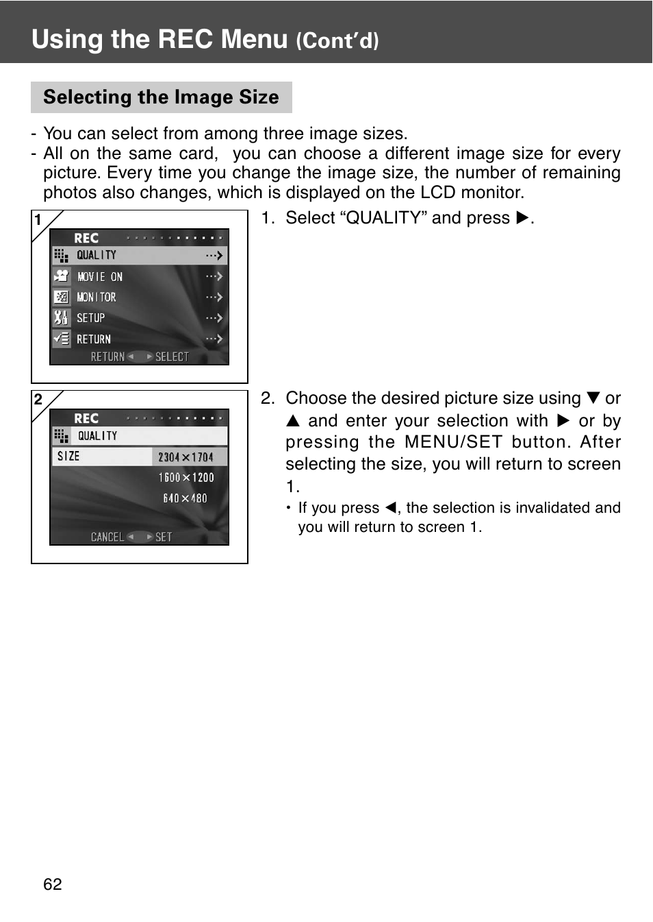 Selecting the image size, Using the rec menu, Cont’d) | Konica Minolta KD-410Z User Manual | Page 62 / 125