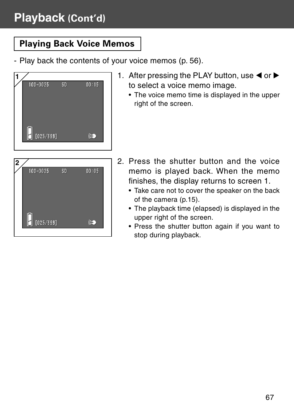 Playing back voice memos, Playback, Cont’d) | Konica Minolta KD-410Z User Manual | Page 67 / 125