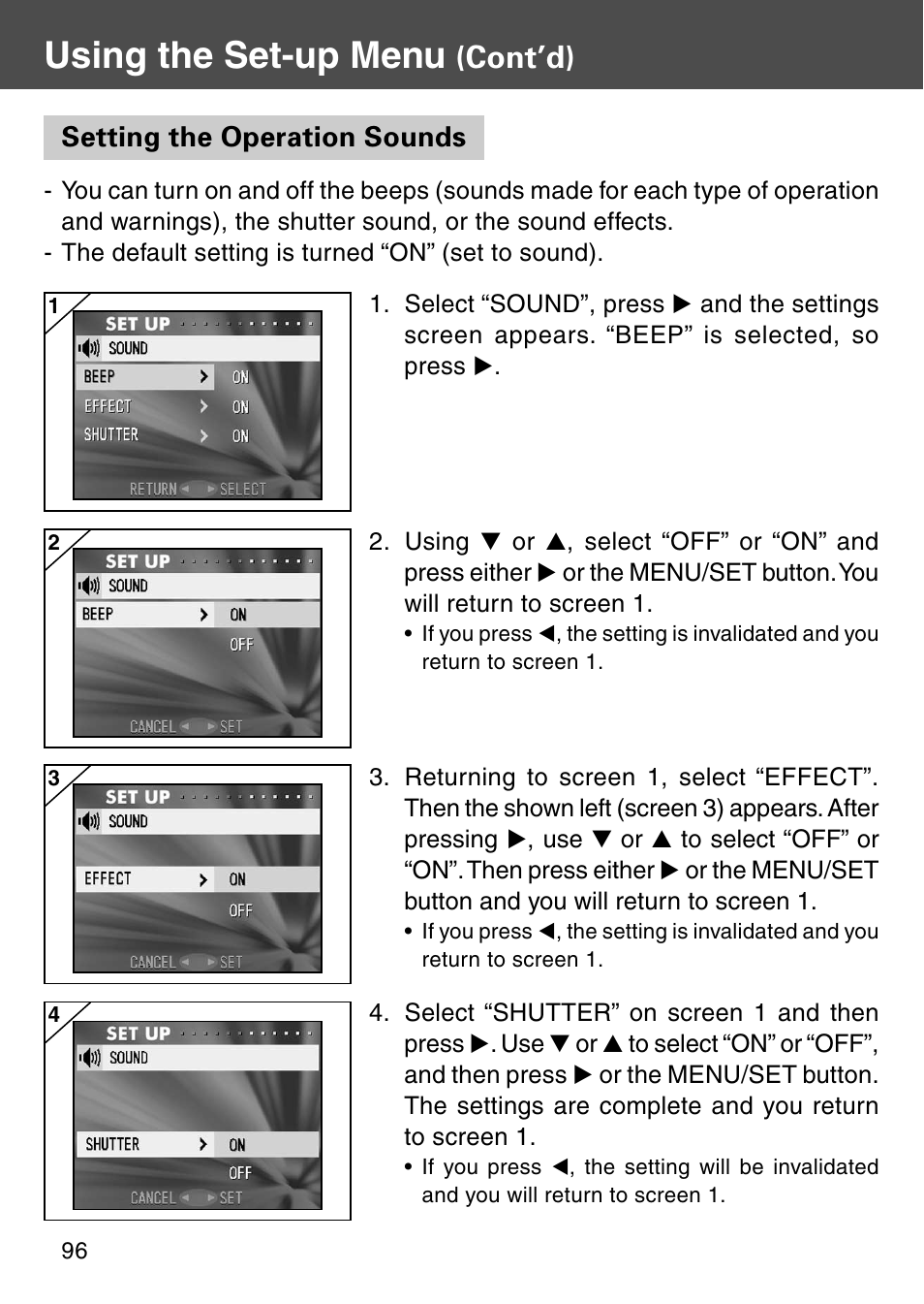 Setting the operation sounds, Using the set-up menu, Cont’d) | Konica Minolta KD-410Z User Manual | Page 96 / 125