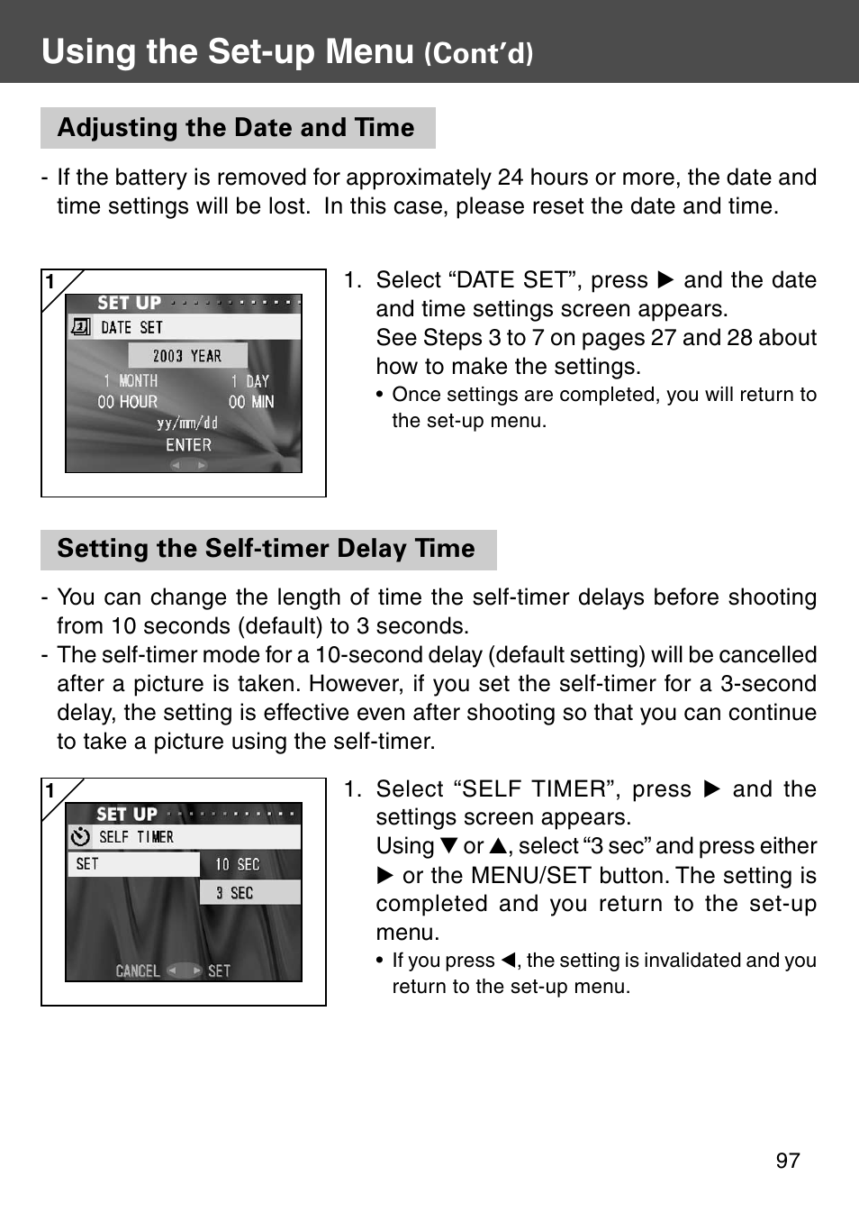 Adjusting the date and time, Setting the self-timer delay time, Using the set-up menu | Cont’d) | Konica Minolta KD-410Z User Manual | Page 97 / 125