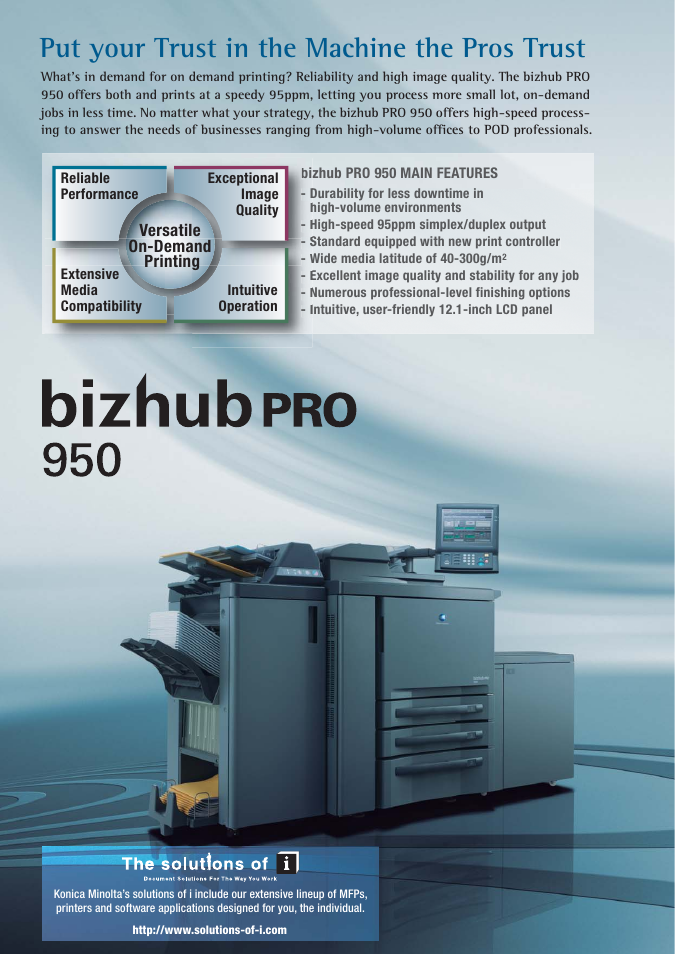 Put your trust in the machine the pros trust, Versatile on-demand printing | Konica Minolta High-speed 95ppm simplex/duplex printer bizhub PRO 950 User Manual | Page 2 / 8