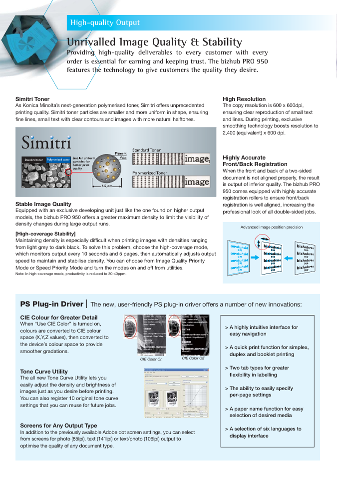 Unrivalled image quality & stability, High-quality output, Ps plug-in driver | Konica Minolta High-speed 95ppm simplex/duplex printer bizhub PRO 950 User Manual | Page 4 / 8