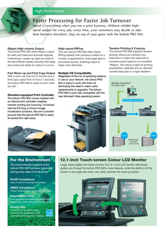 Faster processing for faster job turnover, For the environment | Konica Minolta High-speed 95ppm simplex/duplex printer bizhub PRO 950 User Manual | Page 6 / 8