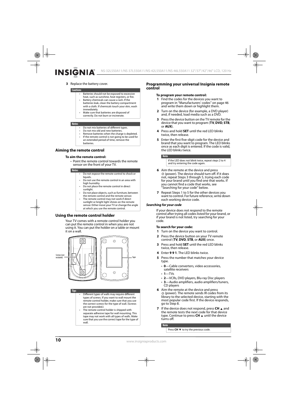 Aiming the remote control, Using the remote control holder, Programming your universal insignia remote control | Ge 10 | Konica Minolta NS-42L550A11 User Manual | Page 14 / 65