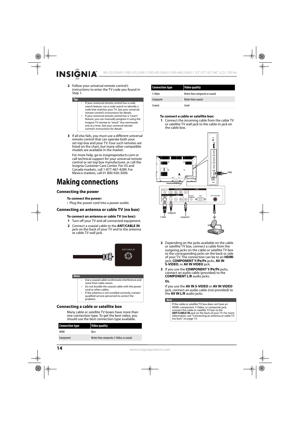 Making connections, Connecting the power, Connecting an antenna or cable tv (no box) | Connecting a cable or satellite box | Konica Minolta NS-42L550A11 User Manual | Page 18 / 65