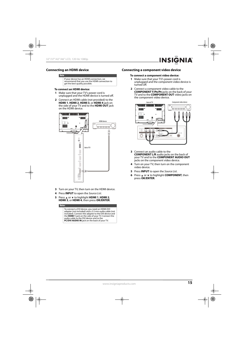 Connecting an hdmi device, Connecting a component video device | Konica Minolta NS-42L550A11 User Manual | Page 19 / 65