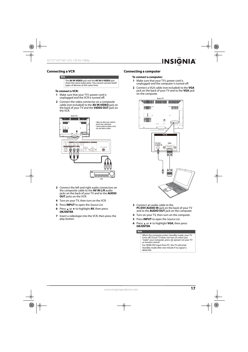 Connecting a vcr, Connecting a computer, E “connecting a vcr” on | Or “connecting a vcr, Ion, see “connecting a computer” o, 17 or | Konica Minolta NS-42L550A11 User Manual | Page 21 / 65