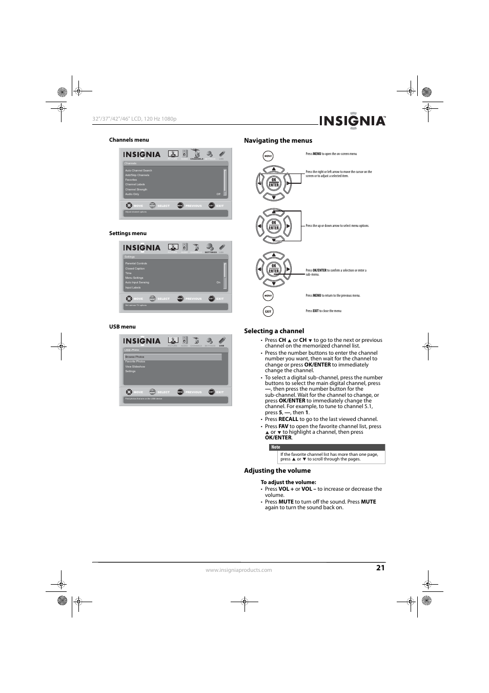 Navigating the menus, Selecting a channel, Adjusting the volume | See “selecting a channel” on p, Navigating the menus selecting a channel | Konica Minolta NS-42L550A11 User Manual | Page 25 / 65