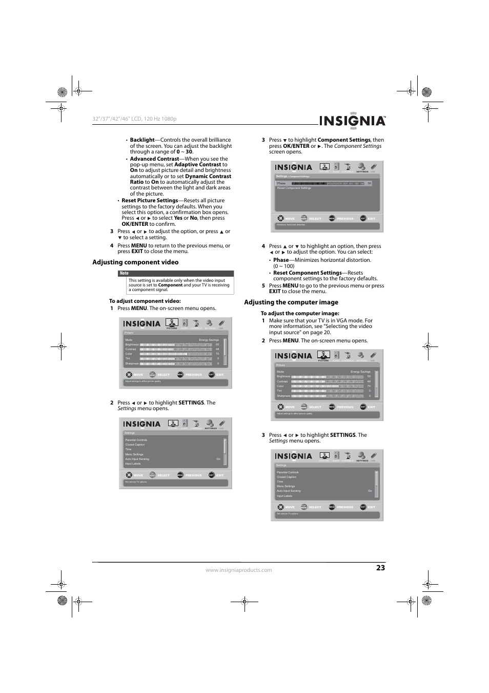 Adjusting component video, Adjusting the computer image | Konica Minolta NS-42L550A11 User Manual | Page 27 / 65